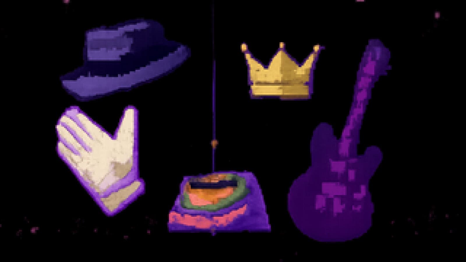 Pixel-art stage with a white glove and fedora on one side, a glittering guitar and friendship bracelets on the other, and a gold crown floating between them.