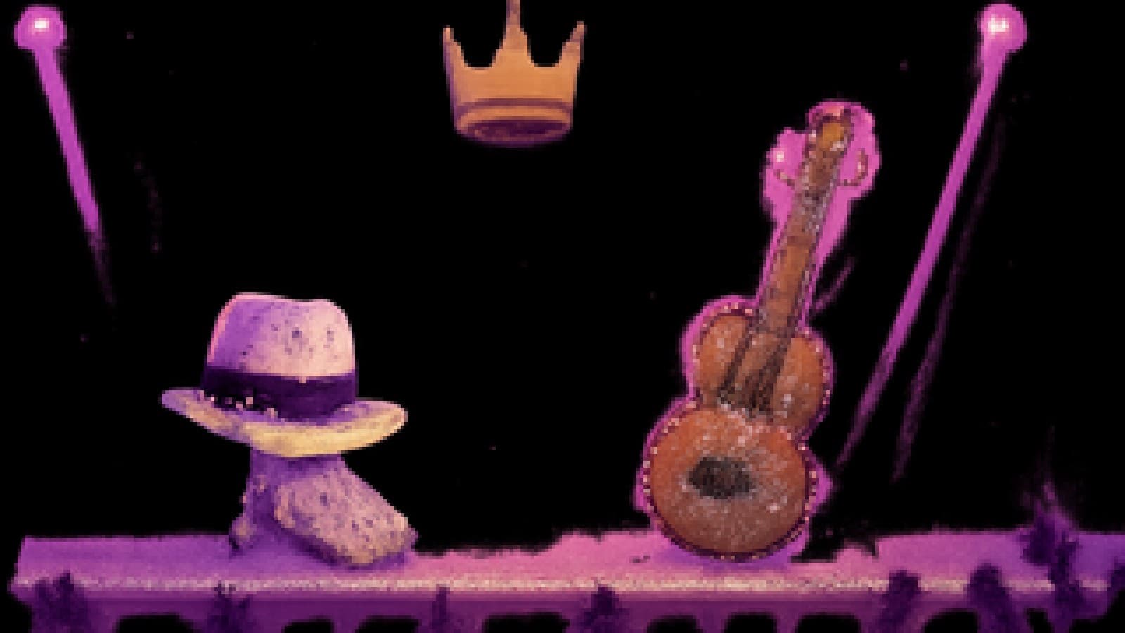 Pixel-art concert stage with a sparkling glove and fedora facing a bracelet-wrapped guitar, a golden crown floating between them.