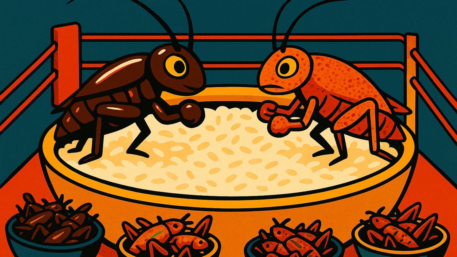Cartoon of two seasoned crickets facing off in a boxing ring made from a snack bowl, with other cricket snacks cheering nearby