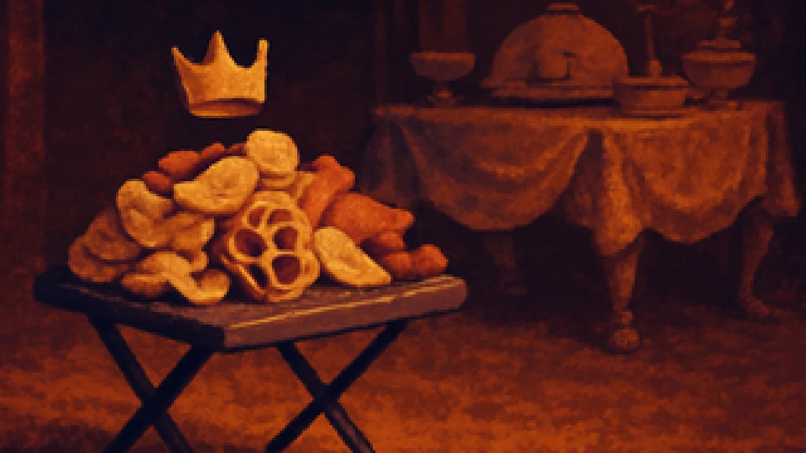 pixel-art snack table wearing a crown while a fancy buffet sulks in the background