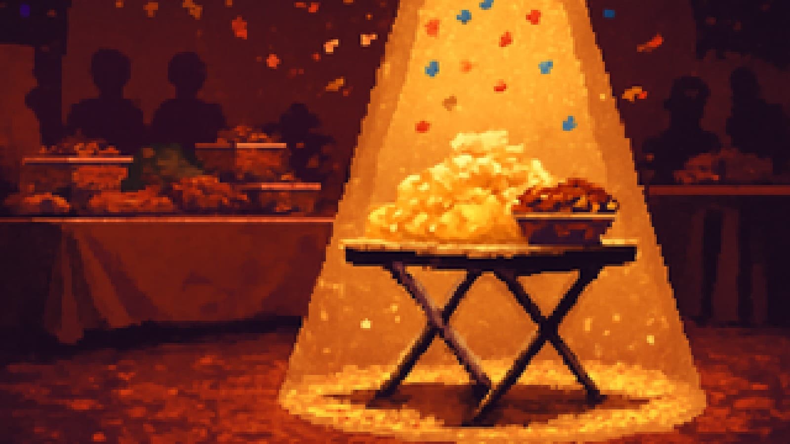 pixel-art snack table glowing under a spotlight with confetti while a fancy buffet sits ignored in the background