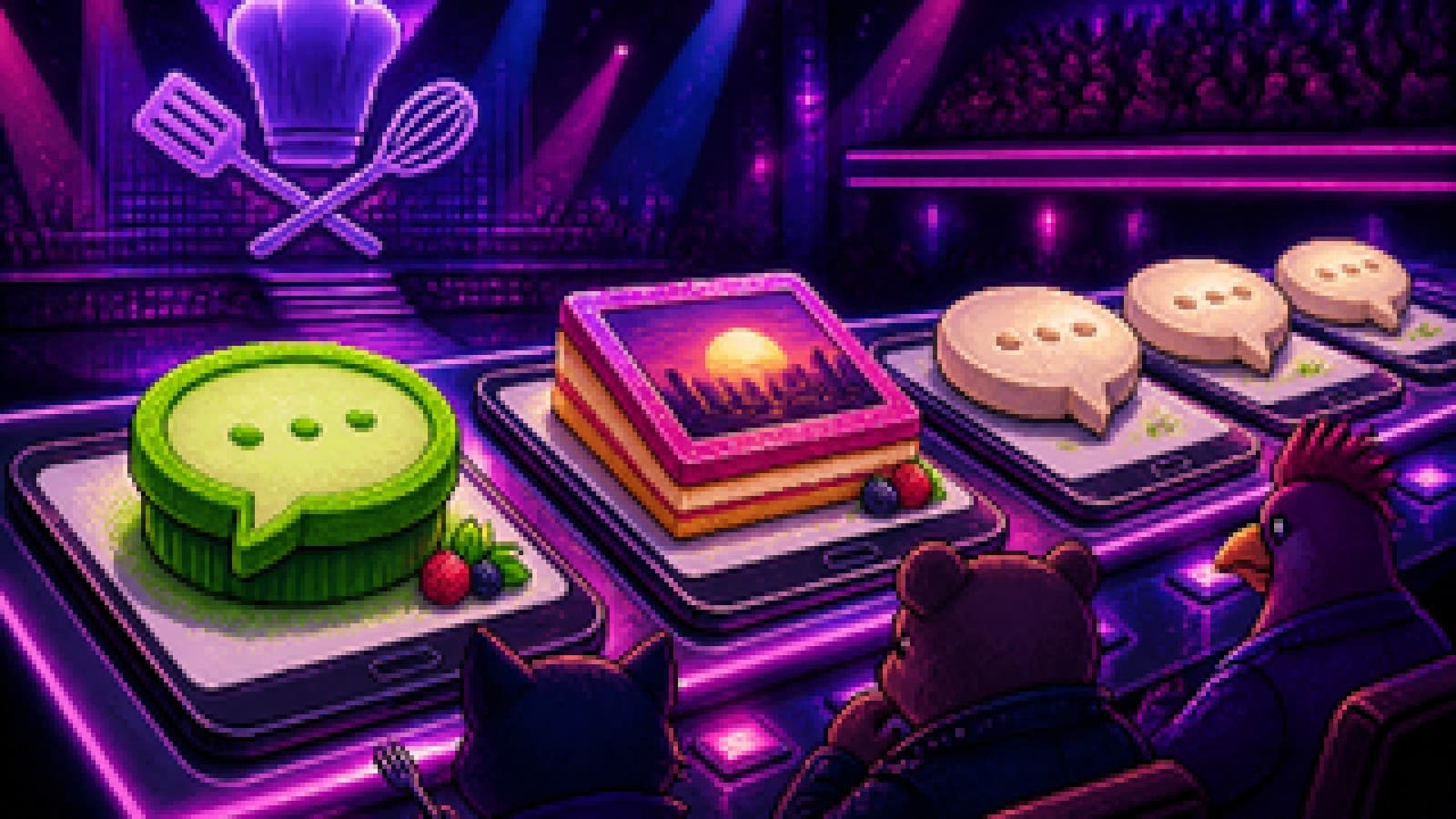 Cartoon cook-off judging table with dishes shaped like chat bubbles and a photo-frame cake, a metaphor for messaging apps competing.