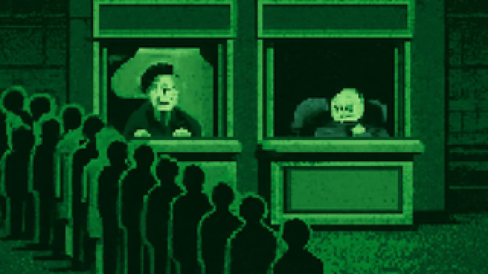 Pixel-art bank lobby with a long queue at one shabby booth and an empty, spotless booth beside it where an accountant dozes.