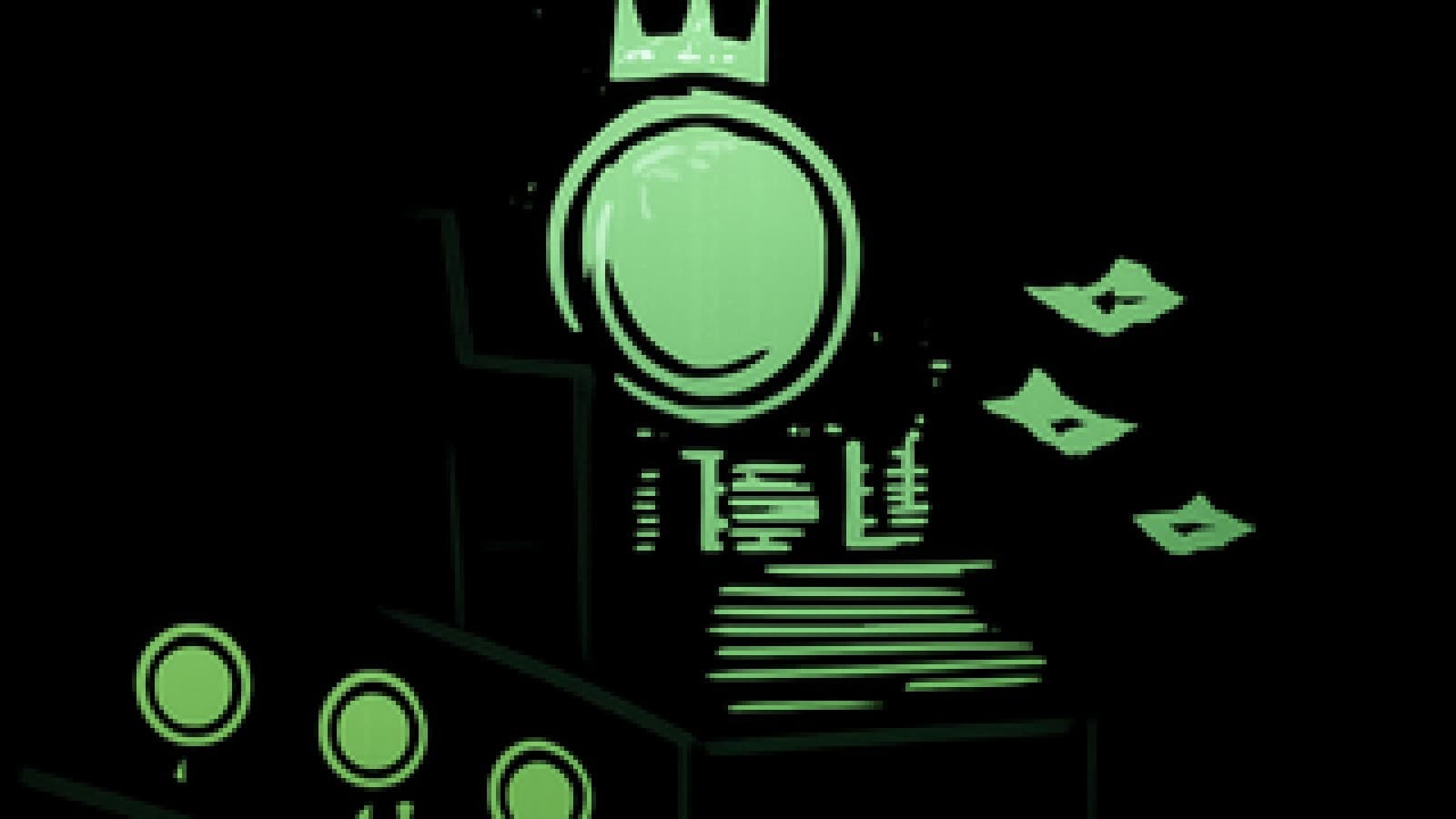 Pixel-art crowned gold coin on a throne of ledgers, loose pages blowing away, smaller coins watching from a podium.
