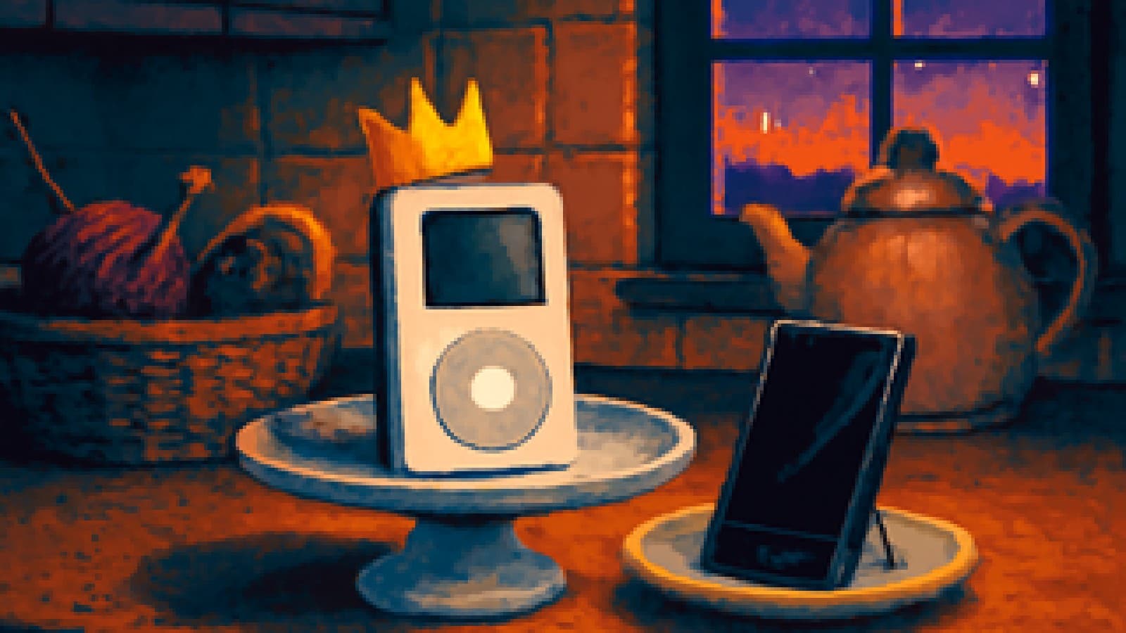 Pixel-art kitchen table with a crowned white music player on a cake stand next to a smartphone on a saucer