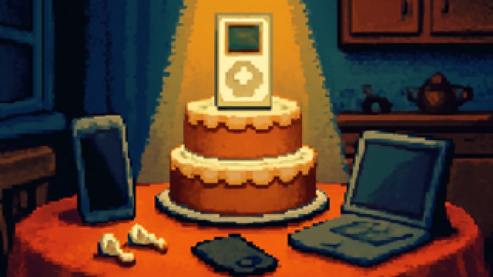 Pixel-art kitchen awards ceremony with a white music player crowned on top of a cake while other gadgets look on