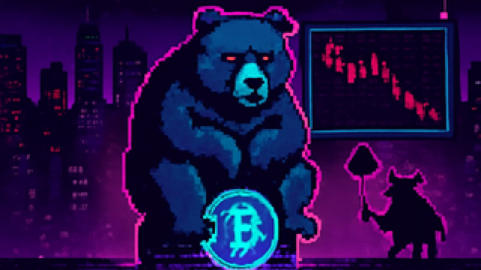 Pixel-art bear perched on a glowing coin while a small bull holds a deflating up-arrow balloon in front of a red chart.
