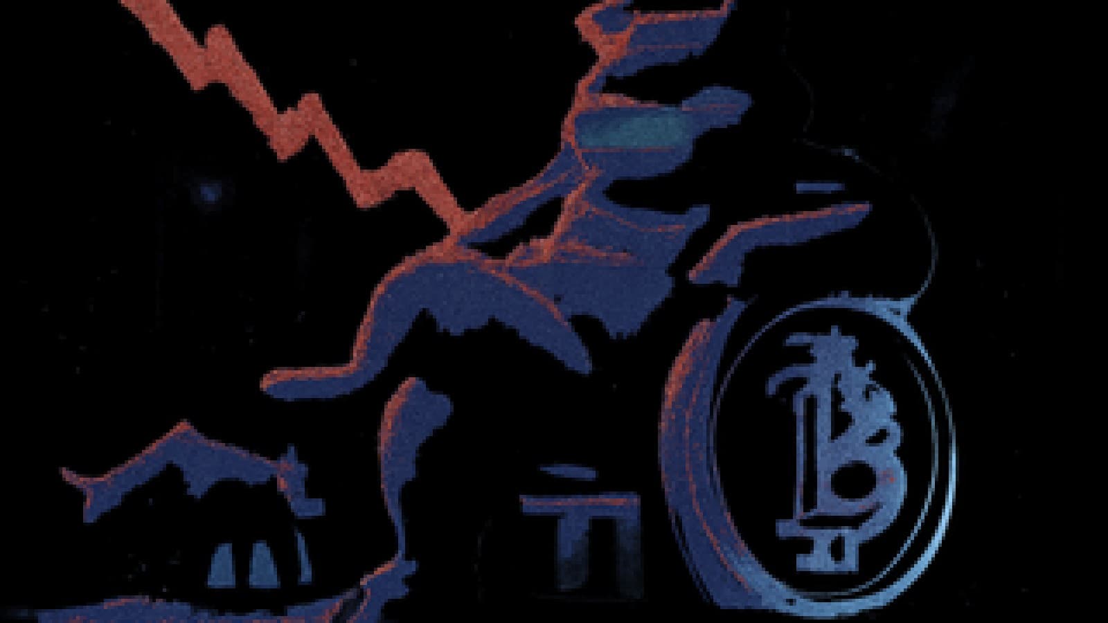 Pixel-art bear lounging on a glowing coin throne in front of a red falling chart while a small bull walks away.
