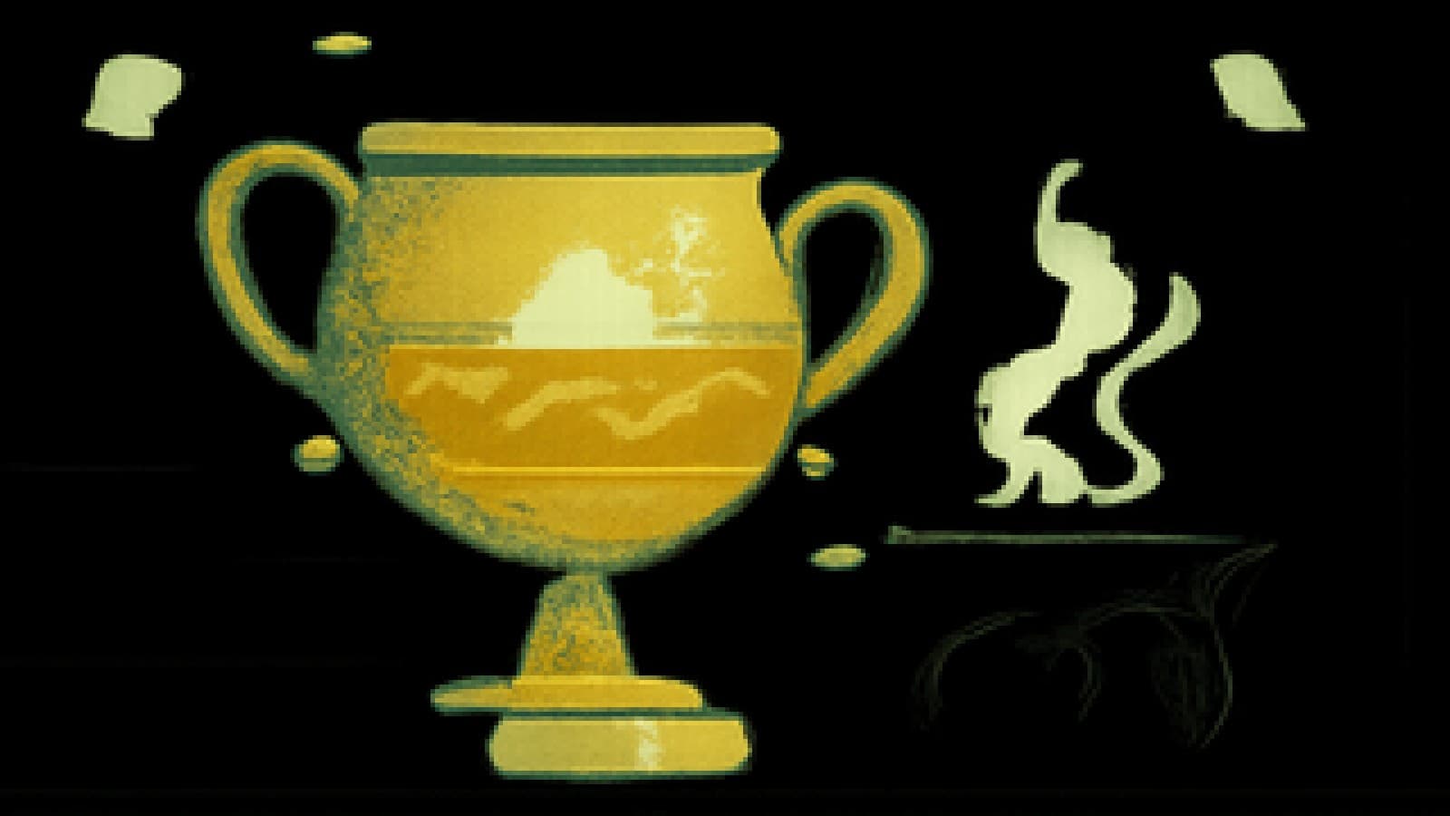 Pixel-art cooking show stage with a glowing golden pot winning, a spiced pot close behind, and dim silver pots in the background.