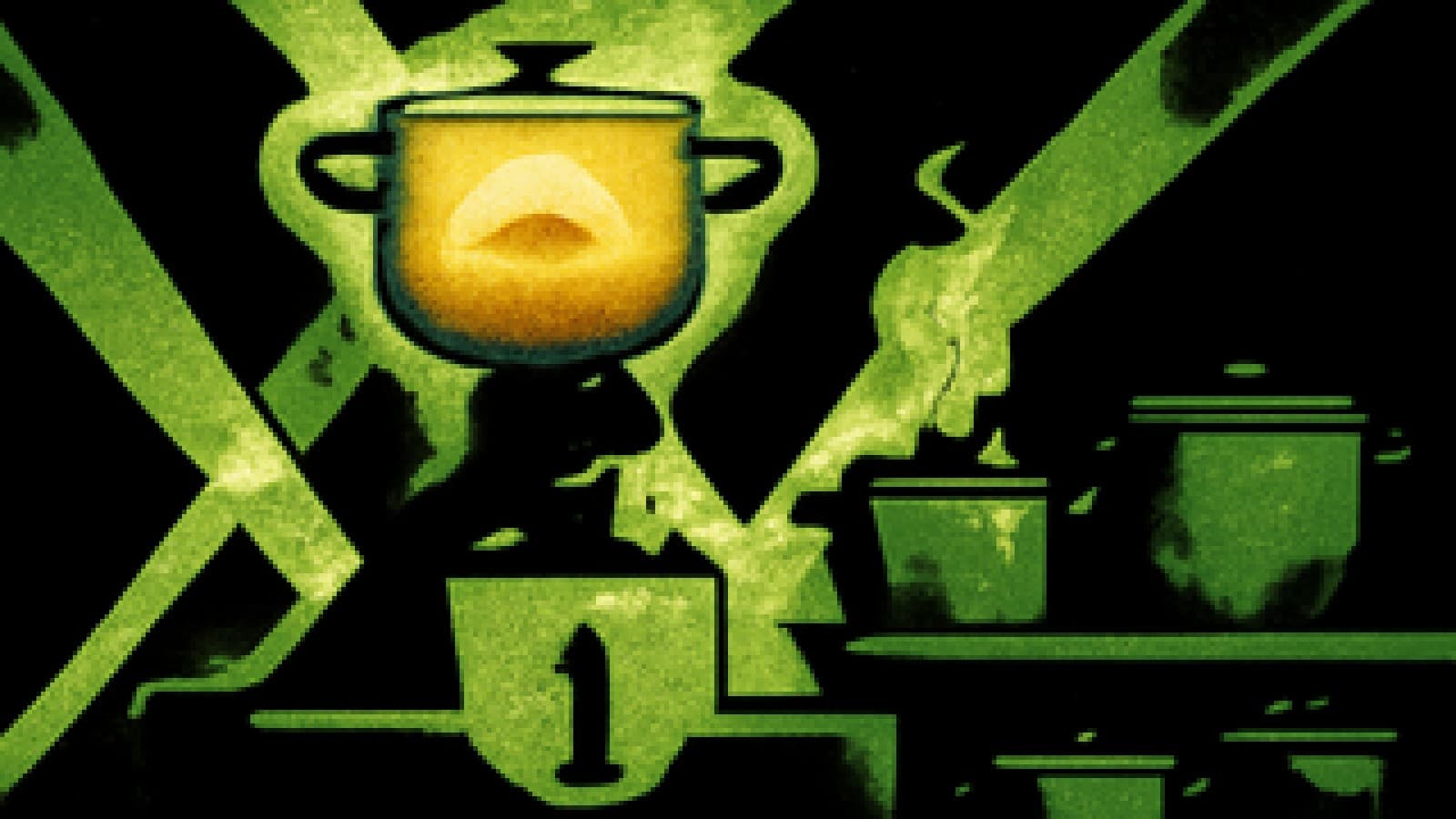 Pixel-art cooking show finale with a sunset-coloured golden pot on the winner's podium and rival pots behind it.