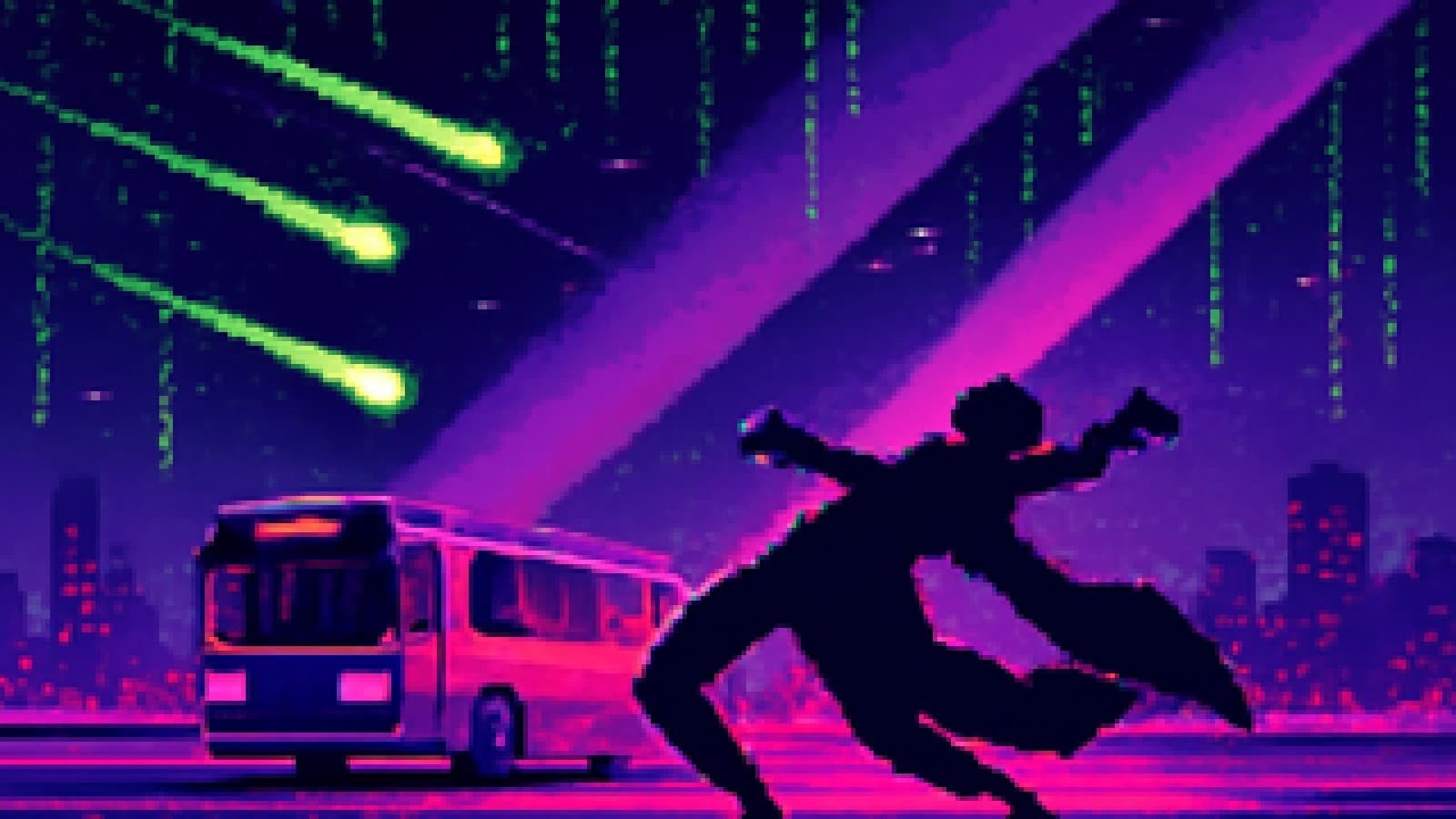 Pixel art of a speeding bus on a highway beside a figure in a black coat dodging green bullets under falling green code.