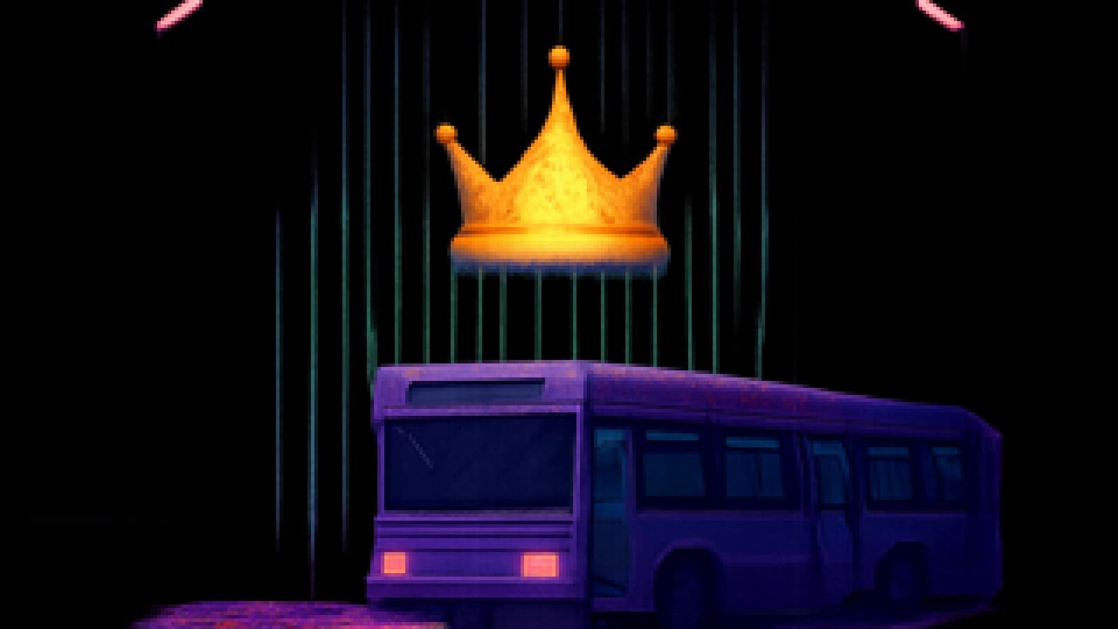 Pixel art of a golden crown floating in falling green code, with a city bus waiting in the shadows below.