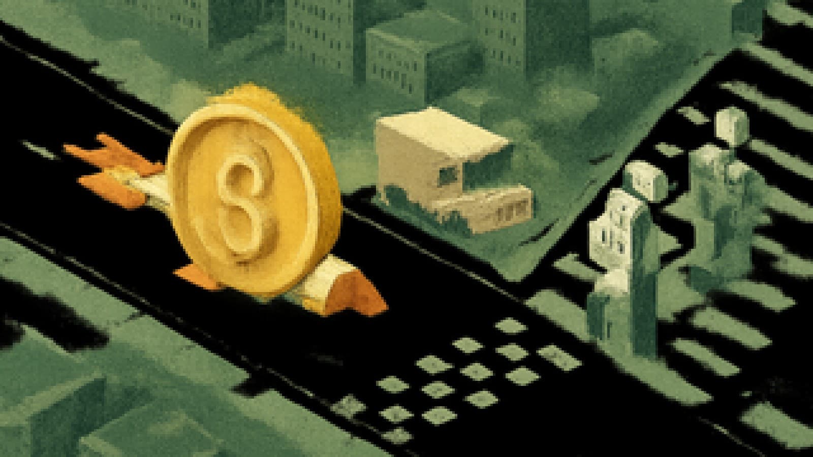 Pixel-art gold coin rocket racing ahead of a van while a scientist and robot climb stairs
