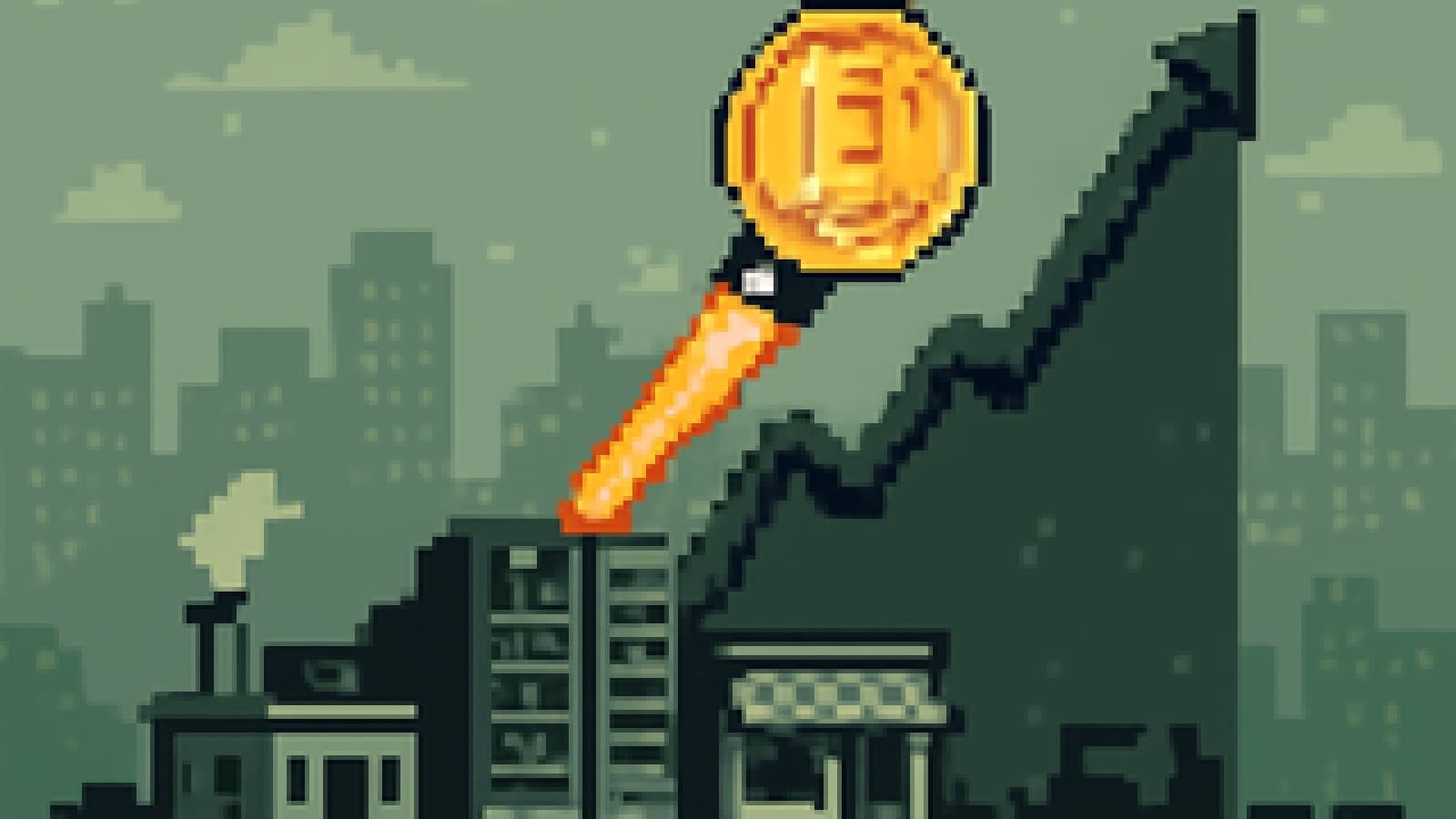 Pixel-art gold coin rocketing up a chart mountain past a lab, servers and a storefront