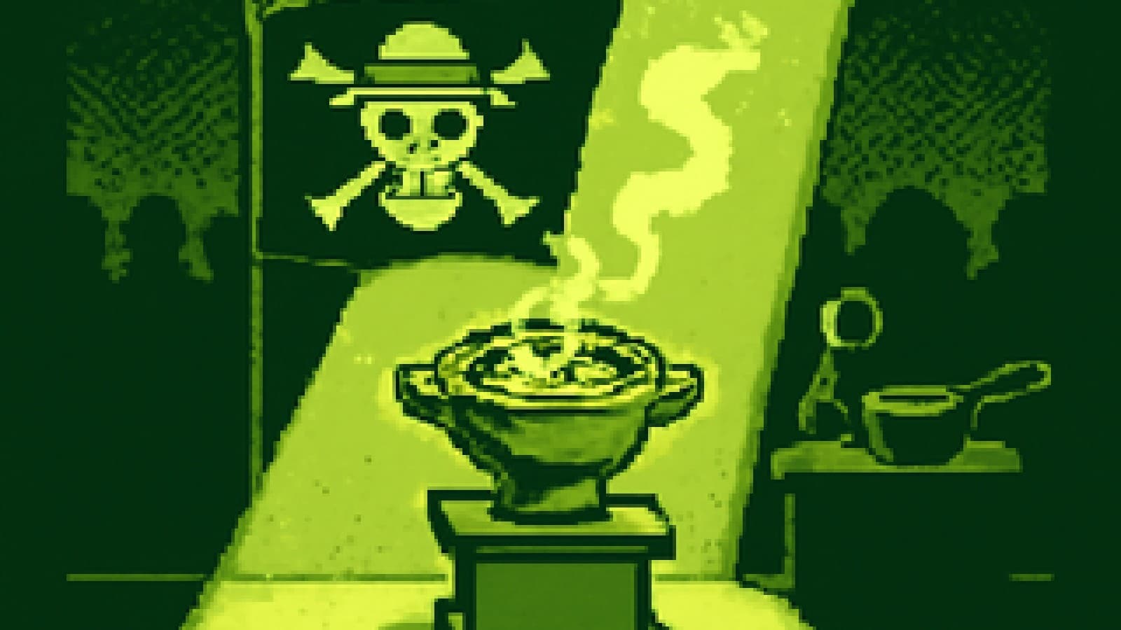 Pixel-art cook-off stage with a clay pot on a trophy stand under a straw-hat pirate flag, next to a dimmer station holding a microphone.