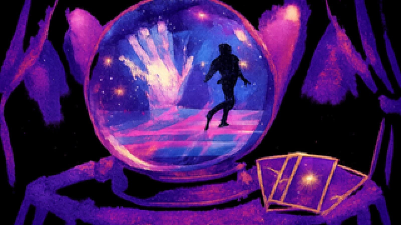 A crystal ball showing a glittering glove and a gliding dancer silhouette beside tarot cards