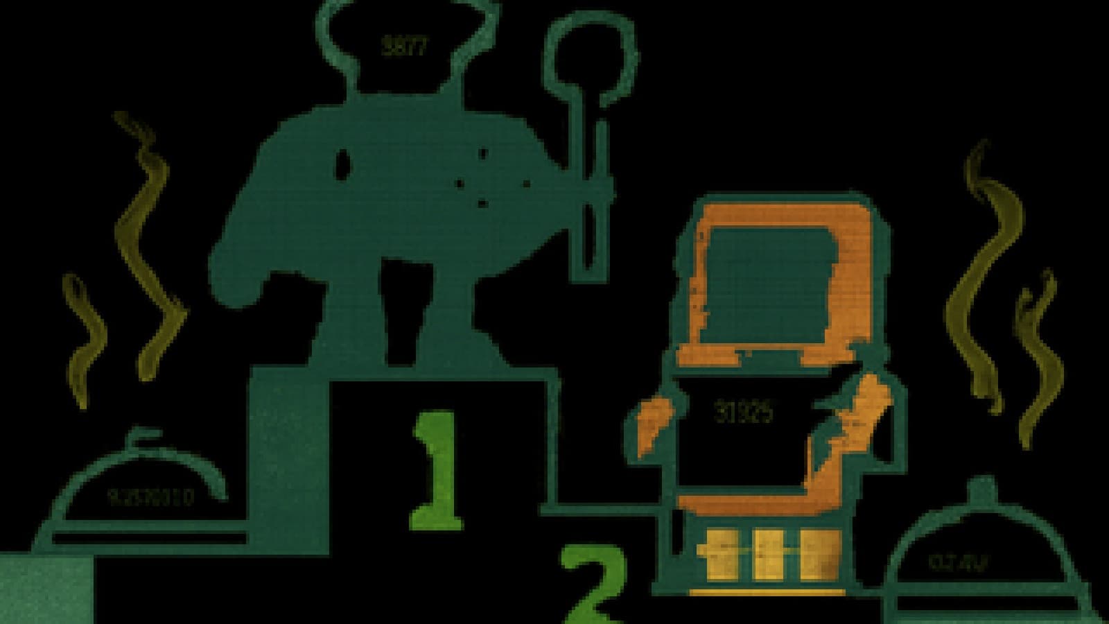 Pixel-art cooking contest with a game controller in a chef's hat on the top podium and a handheld console on the second step