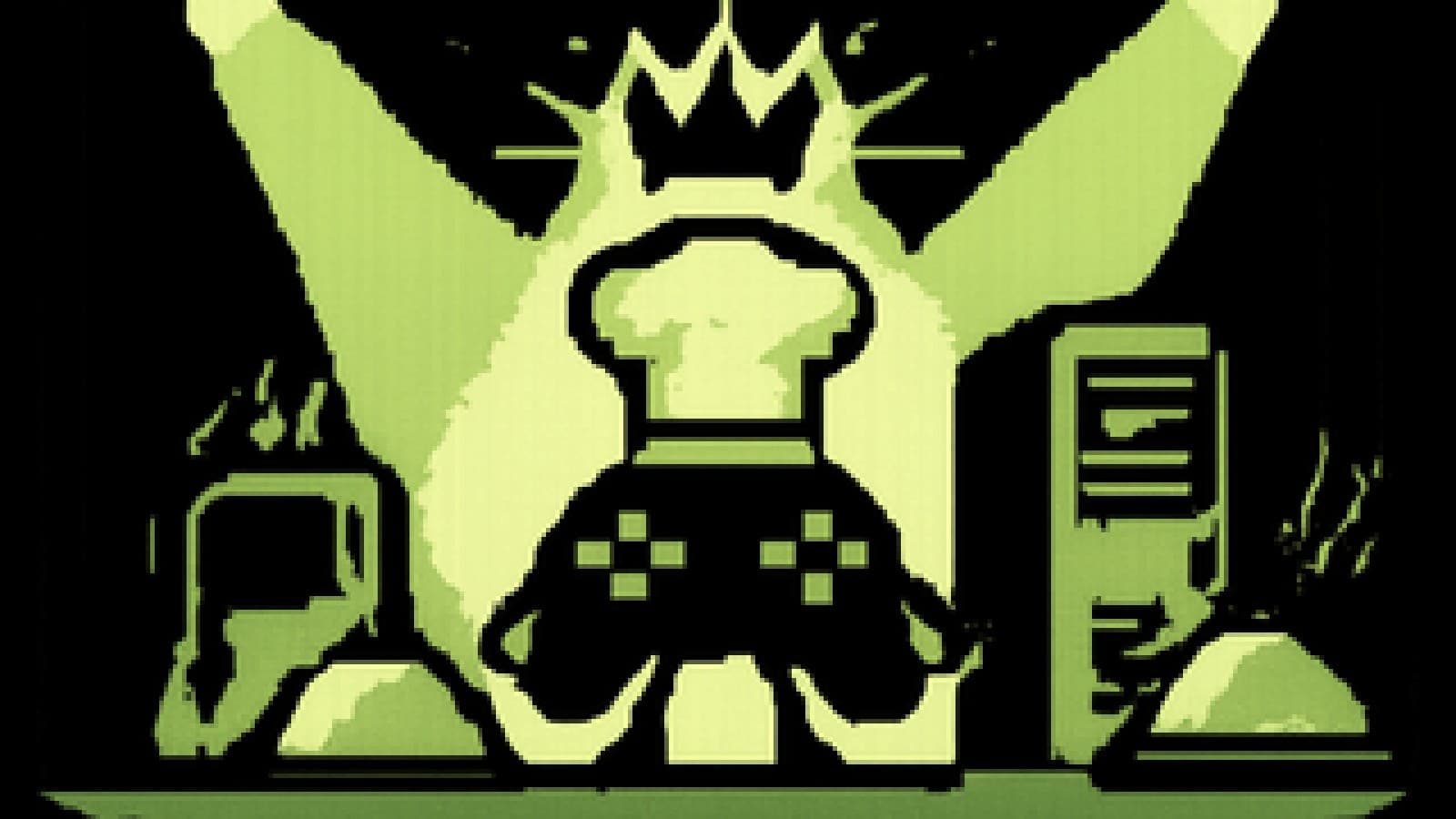 Pixel-art cooking show stage with a crowned game controller chef and rival gaming devices behind steaming dishes
