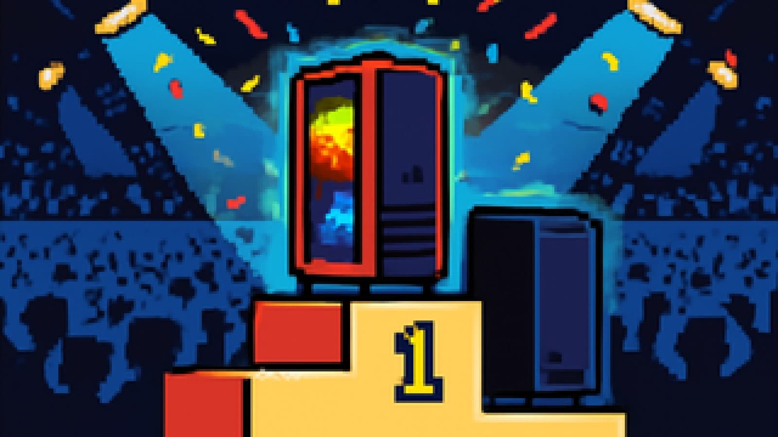 Pixel-art gaming PC tower celebrating on a winner's podium in an esports arena while a rival tower sits on the second step