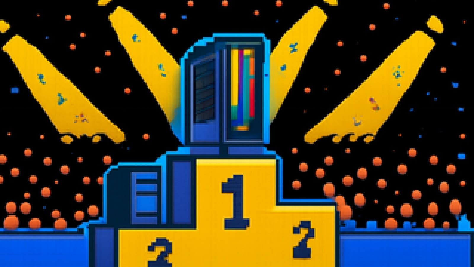 Pixel-art illustration of a glowing gaming PC tower winning a championship on a stadium podium