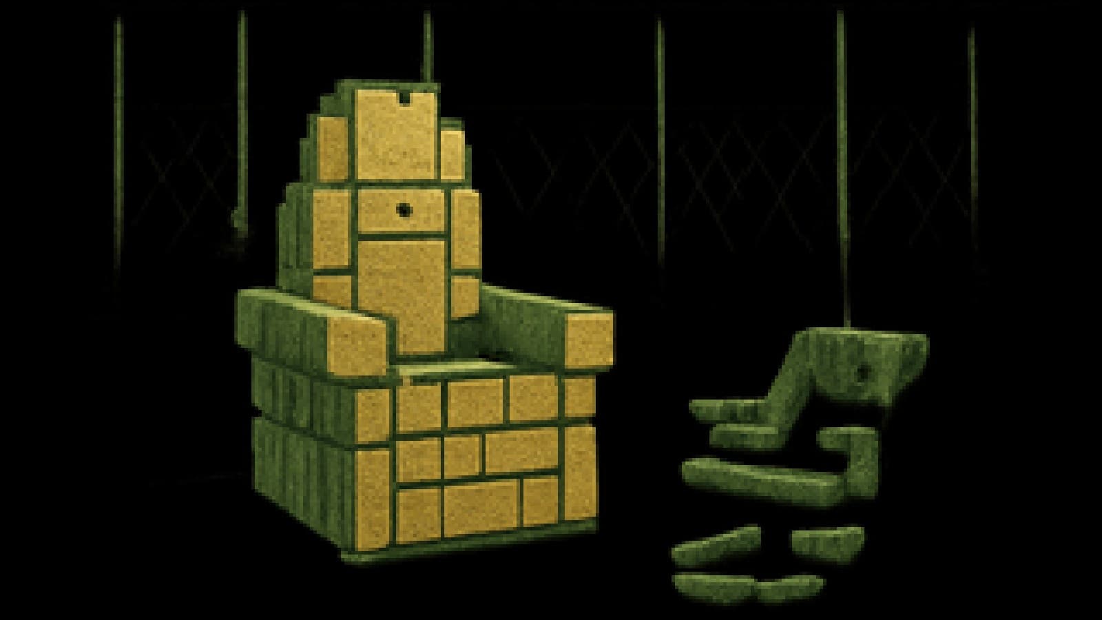 A throne built from cardboard shipping boxes in a boardroom as a crowd gathers outside