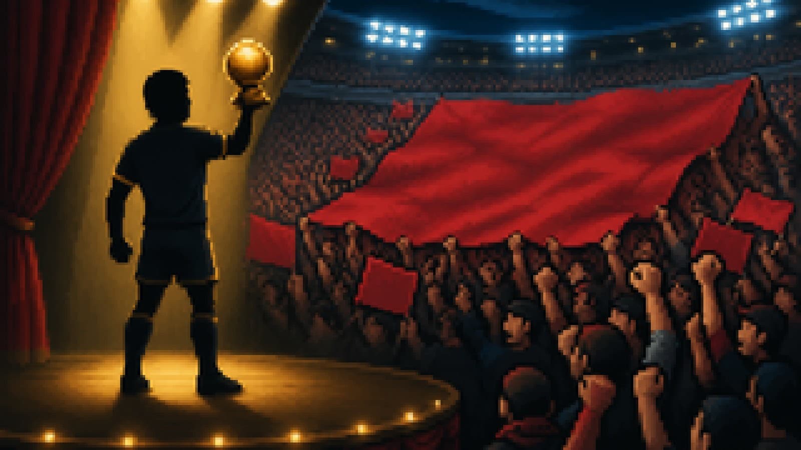 A striker holds a golden trophy on a theatre stage as a huge crowd raises a protest flag behind him