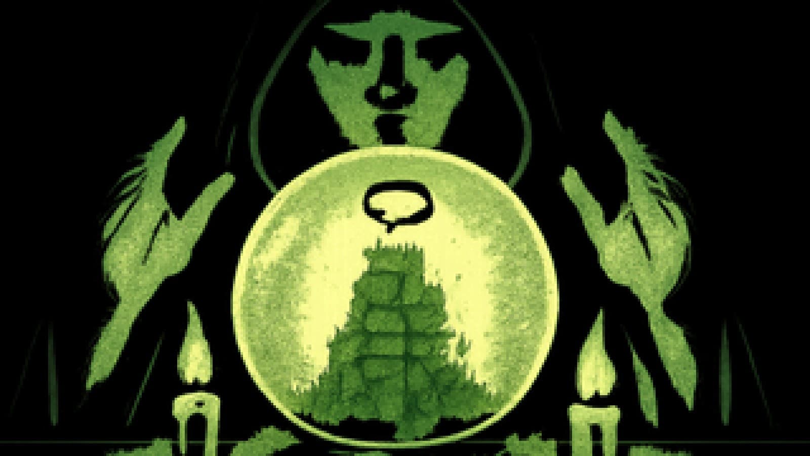 Pixel-art crystal ball showing a small chat bubble standing atop a collapsing tower of app windows.