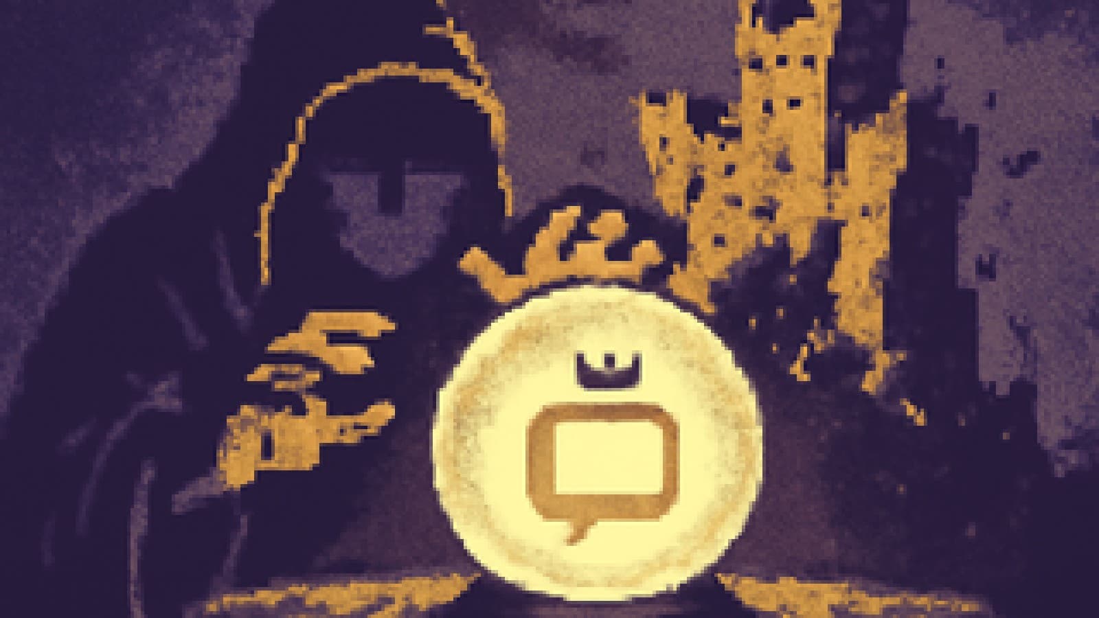 Pixel-art crystal ball showing a small crowned chat bubble in front of a crumbling giant app fortress.