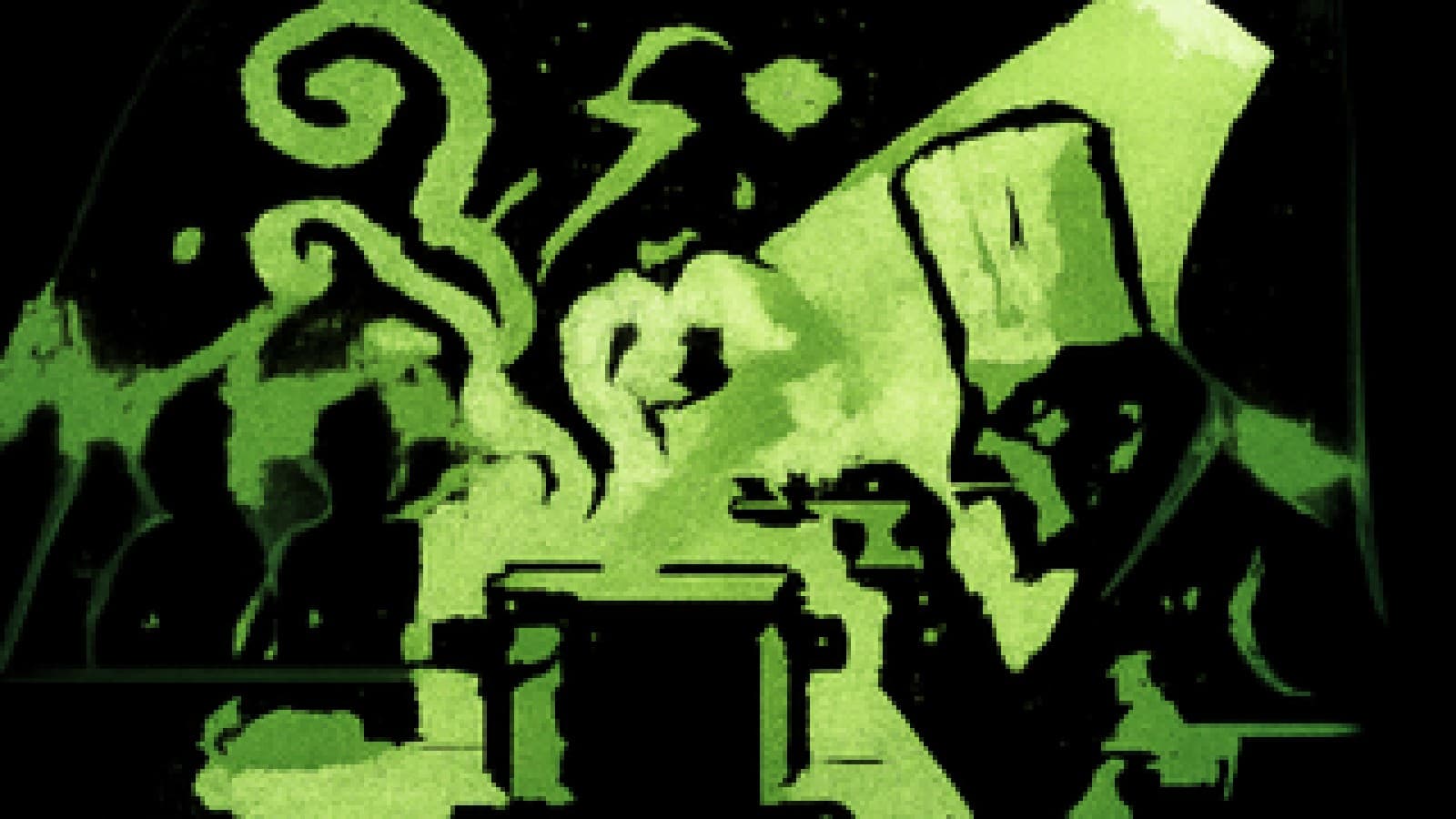 Pixel-art cooking show judge tasting from a huge pot that gives off wild, colourful swirling smoke.