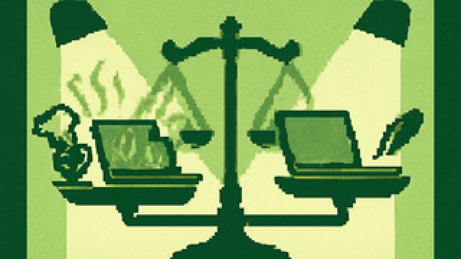 Pixel-art illustration of two laptops on judging plates with a perfectly balanced scale between them