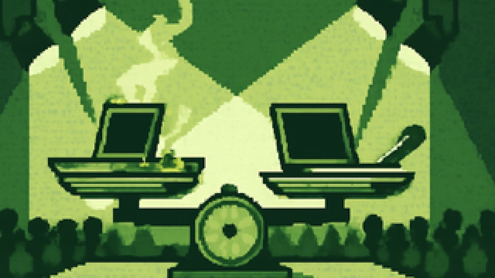 Pixel-art cooking-show stage with two laptops balanced evenly on a giant kitchen scale under spotlights