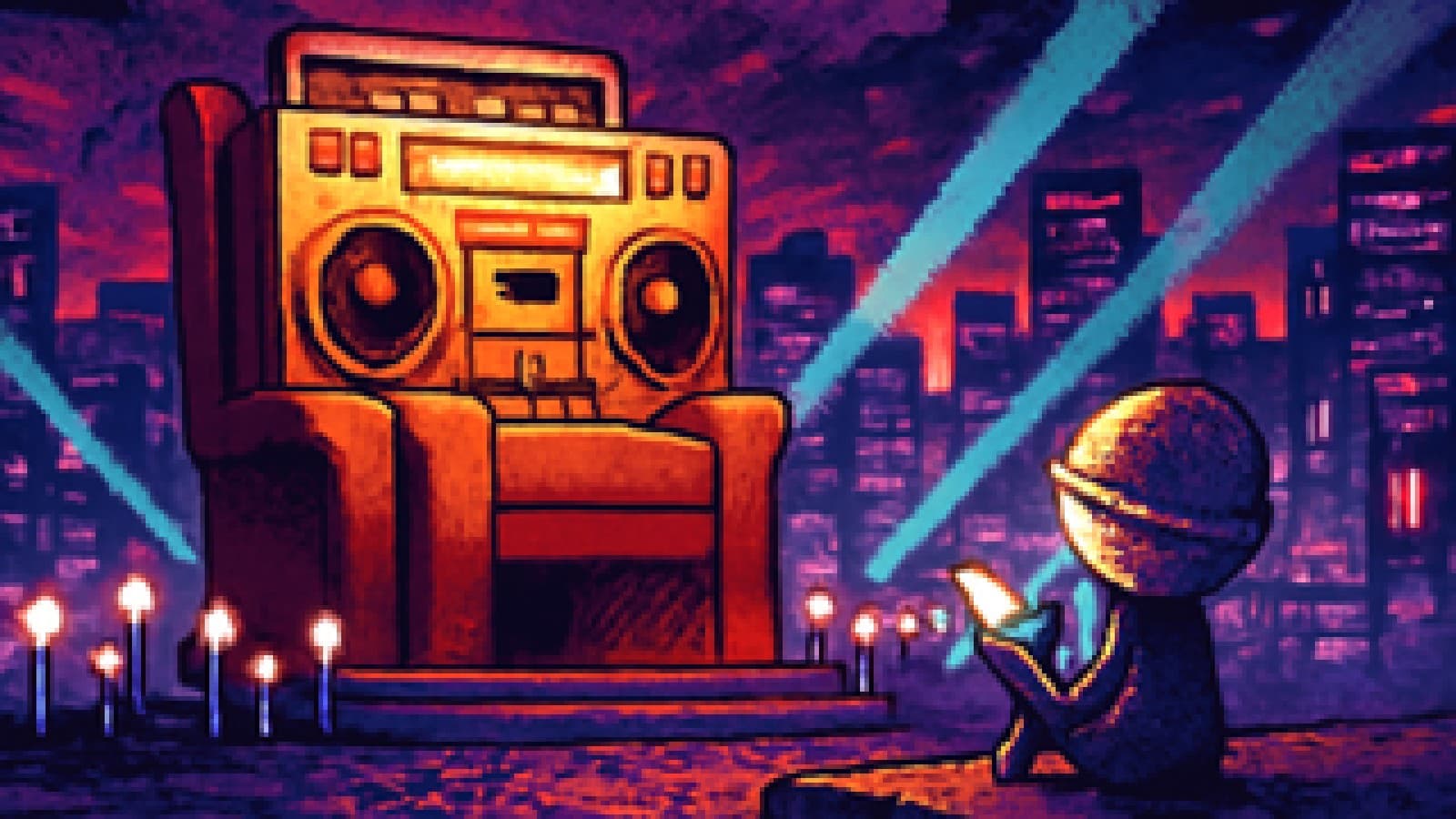 pixel art of a crowned boombox on a throne while a glittery microphone sulks on a curb under laser lights