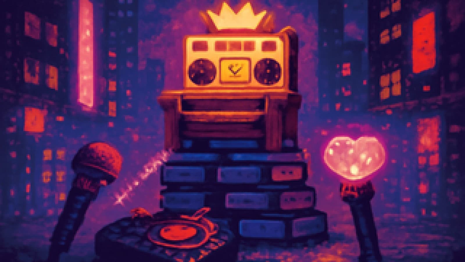 pixel art of a crowned boombox on a throne of smartphones, with a microphone, DJ deck and lightstick looking up at it