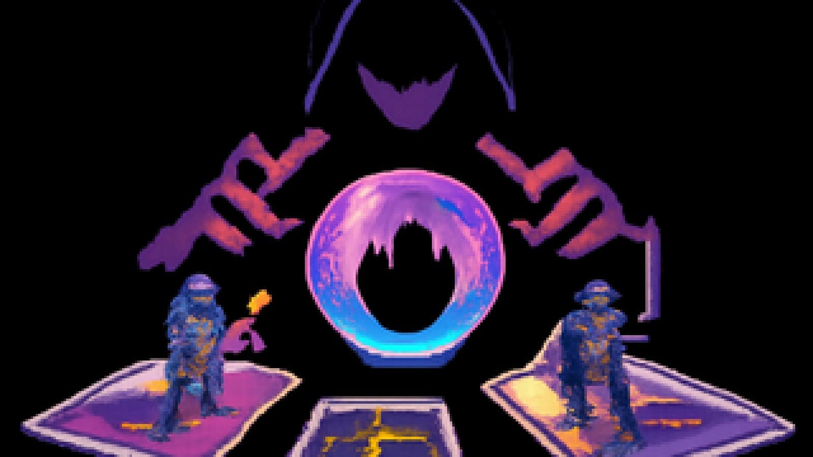 Pixel-art tarot table with tiny knights on the cards around a glowing crystal ball