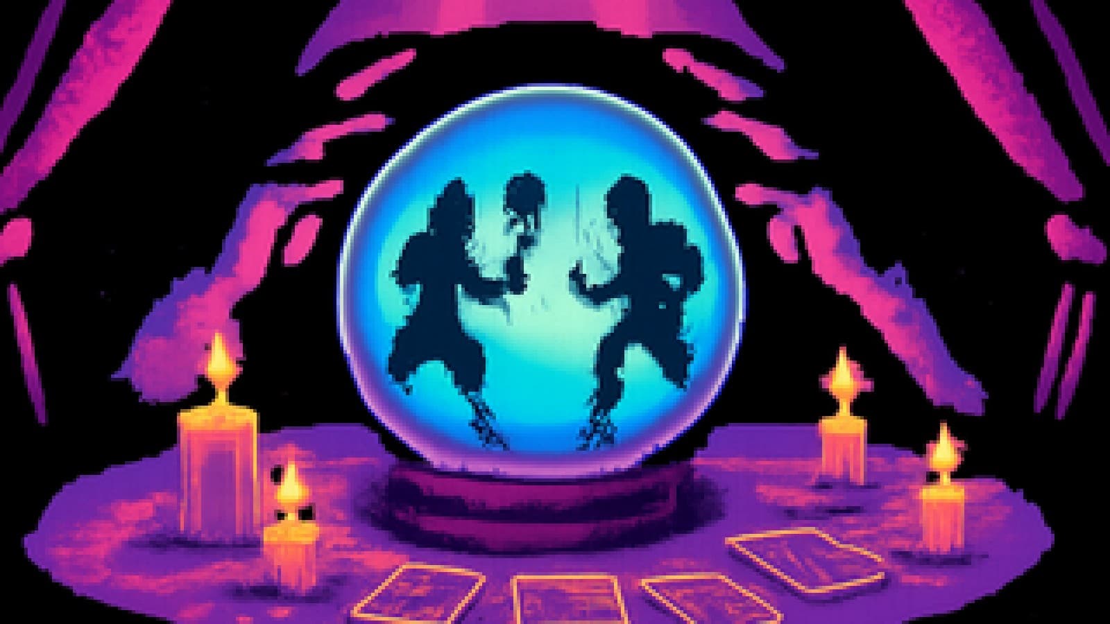 Crystal ball showing two medieval knights facing off over a round table scattered with tarot cards
