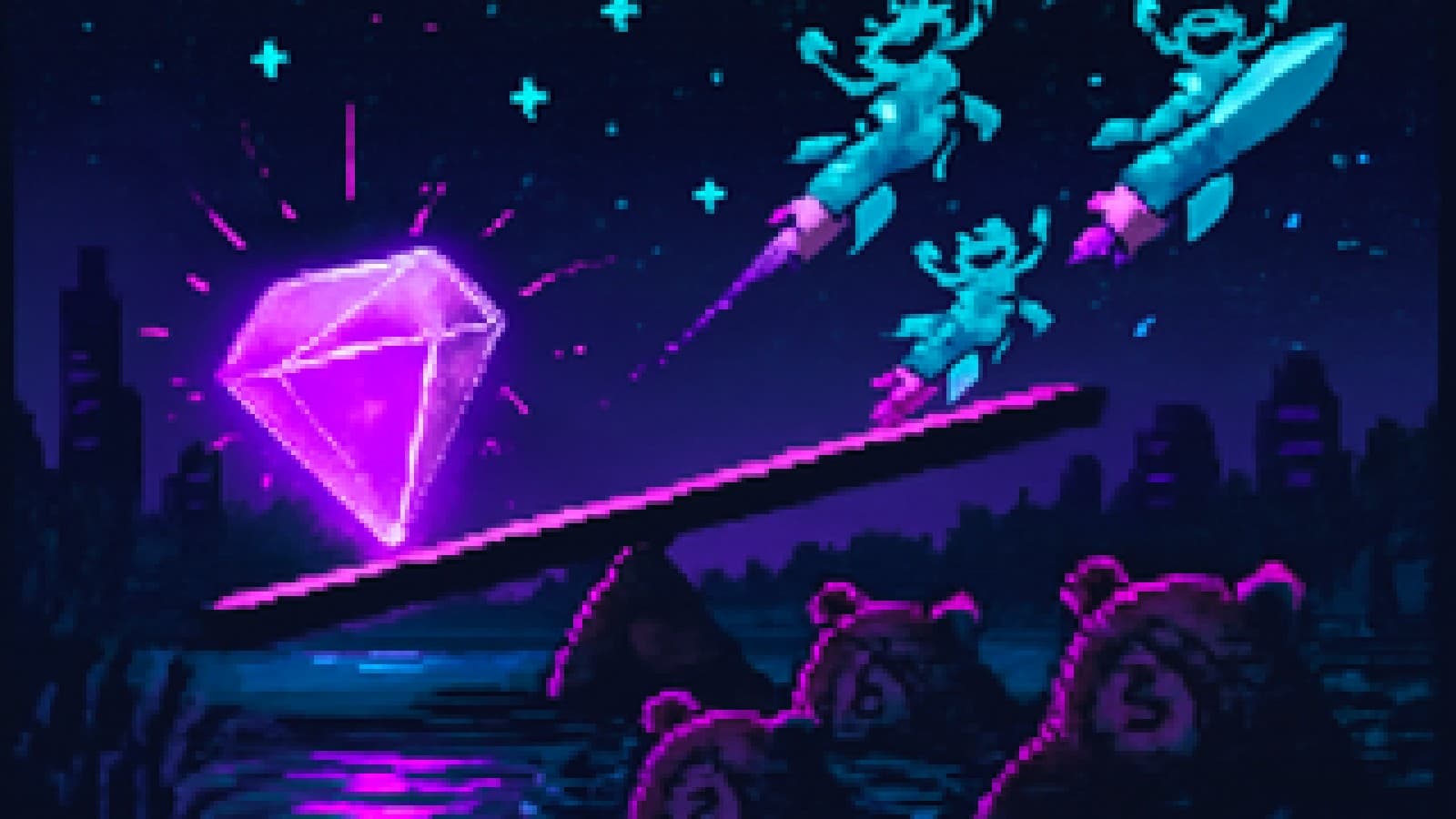 Pixel-art seesaw with a purple crystal, bears in a swamp on one side and rocket-riding frogs flying into the sky on the other.
