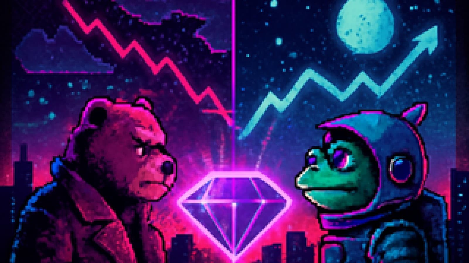 Pixel-art bear and rocket-helmet frog facing off over a glowing purple crystal, with a price chart splitting stormy and starry skies behind them.