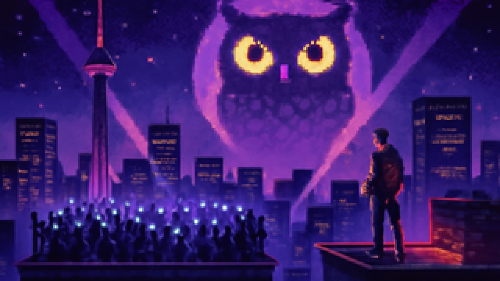 pixel art of toronto at night, a crowded rooftop under an owl-shaped moon and a lone figure in a red suit on the next roof