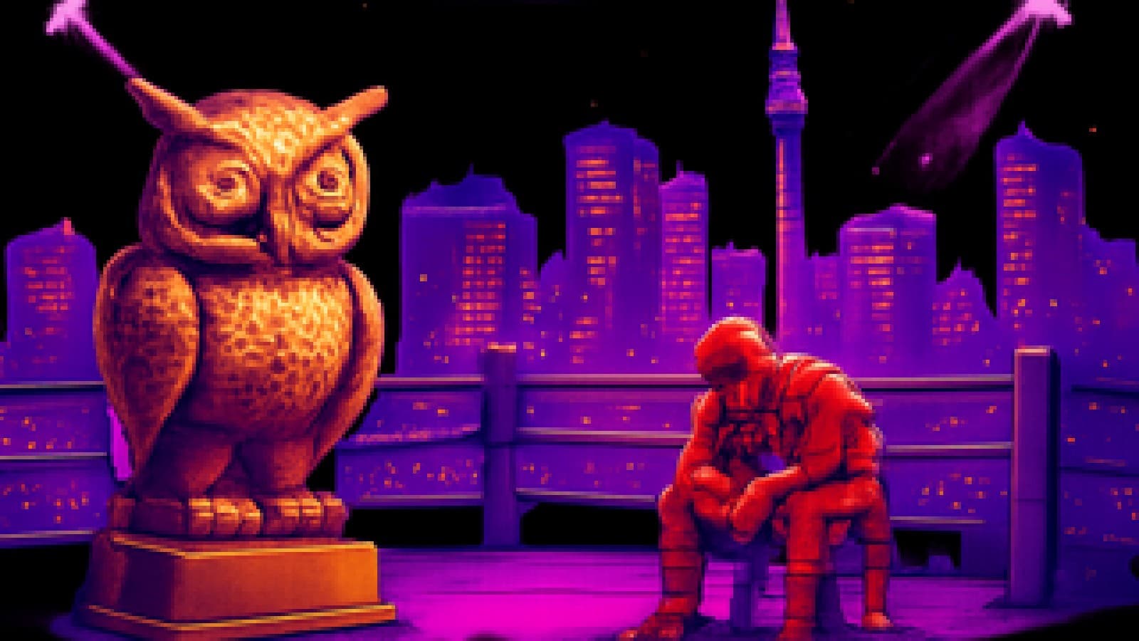 pixel art of a rooftop boxing ring in toronto at night, an owl trophy glowing in one corner and a figure in a red suit slumped in the other