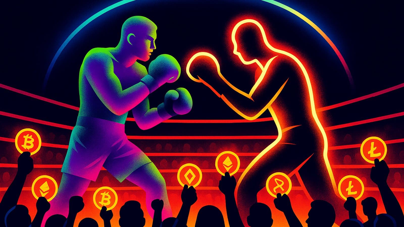 Two neon-lit fighters face off in a futuristic crypto arena, representing Solana and Arc, as a crowd cheers.