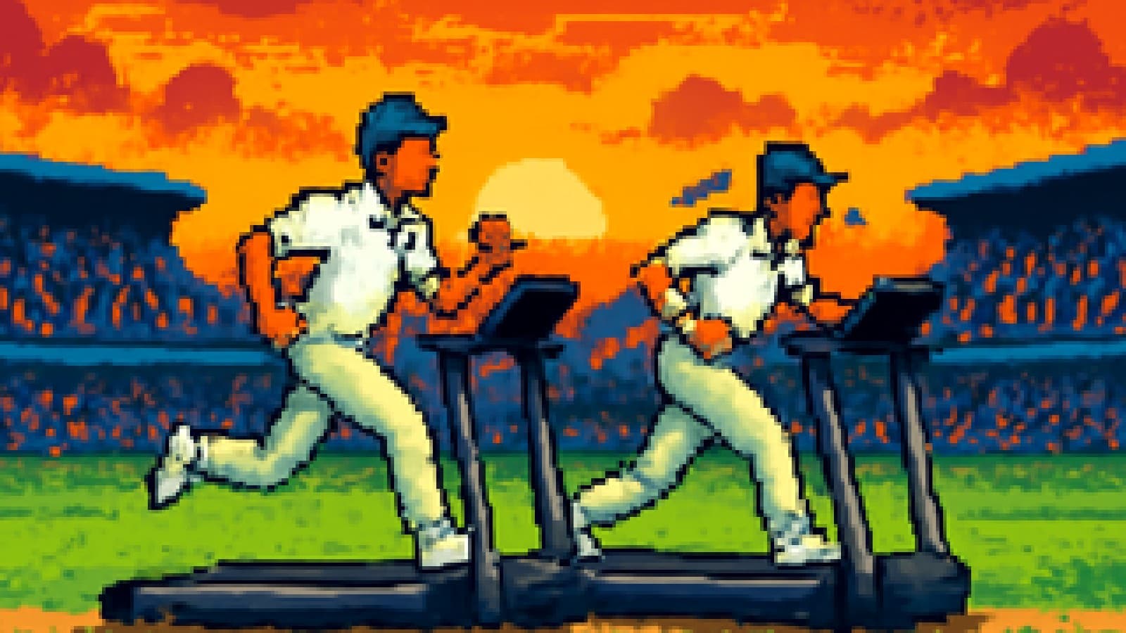 Pixel-art of two cricket captains on treadmills on a cricket pitch, one leading calmly.