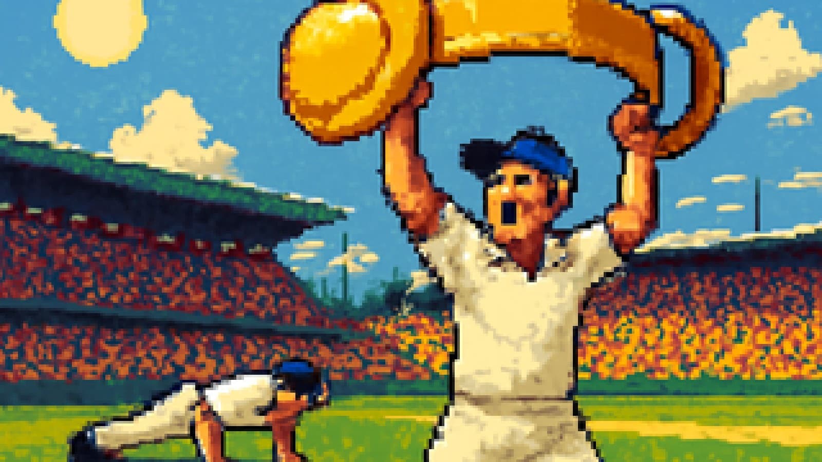 Pixel-art cricket captain lifting a golden armband like a barbell while a rival does push-ups.