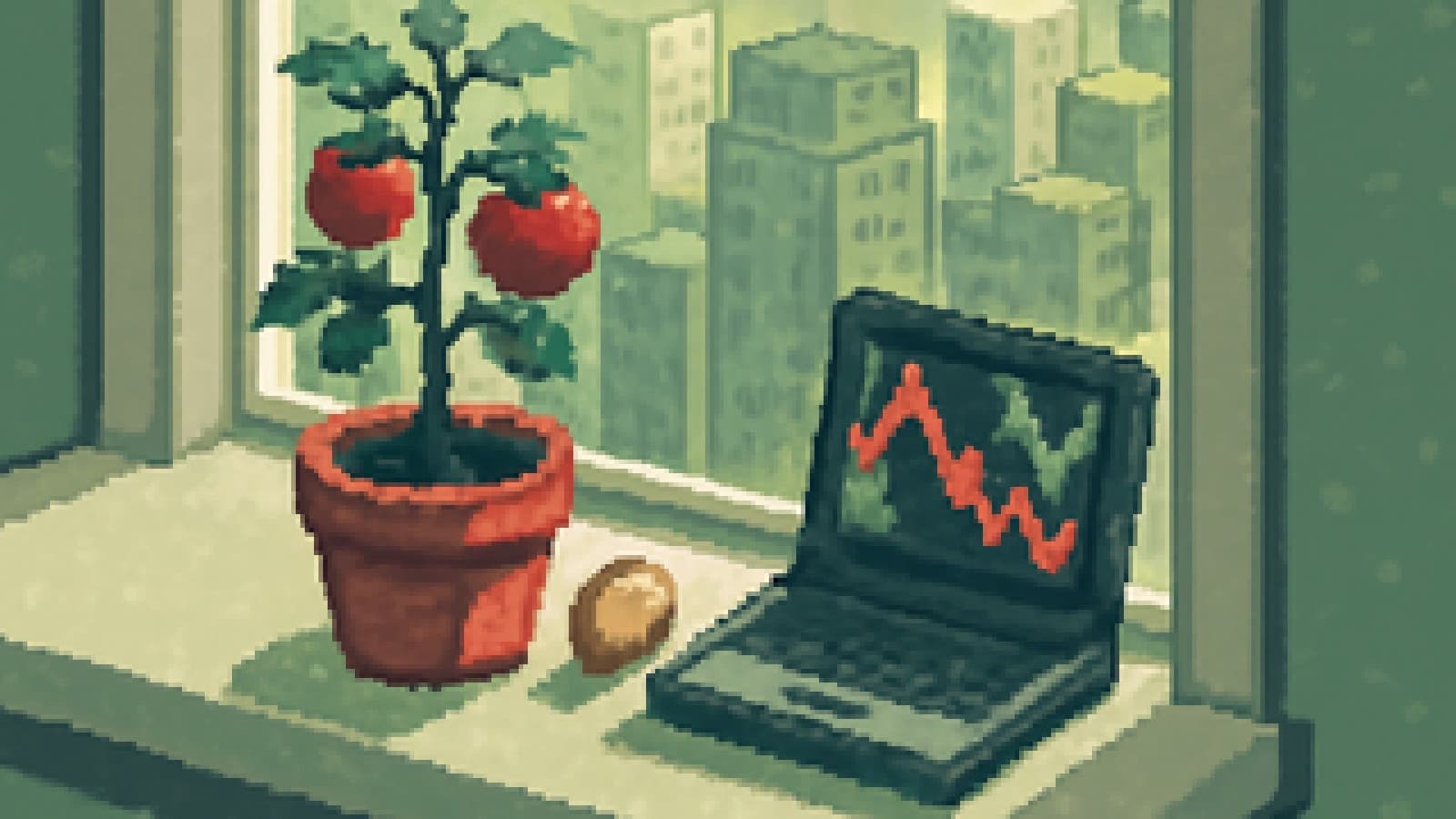 Pixel-art windowsill with a potted tomato plant on one side, a laptop showing price charts on the other, and a coin between them.