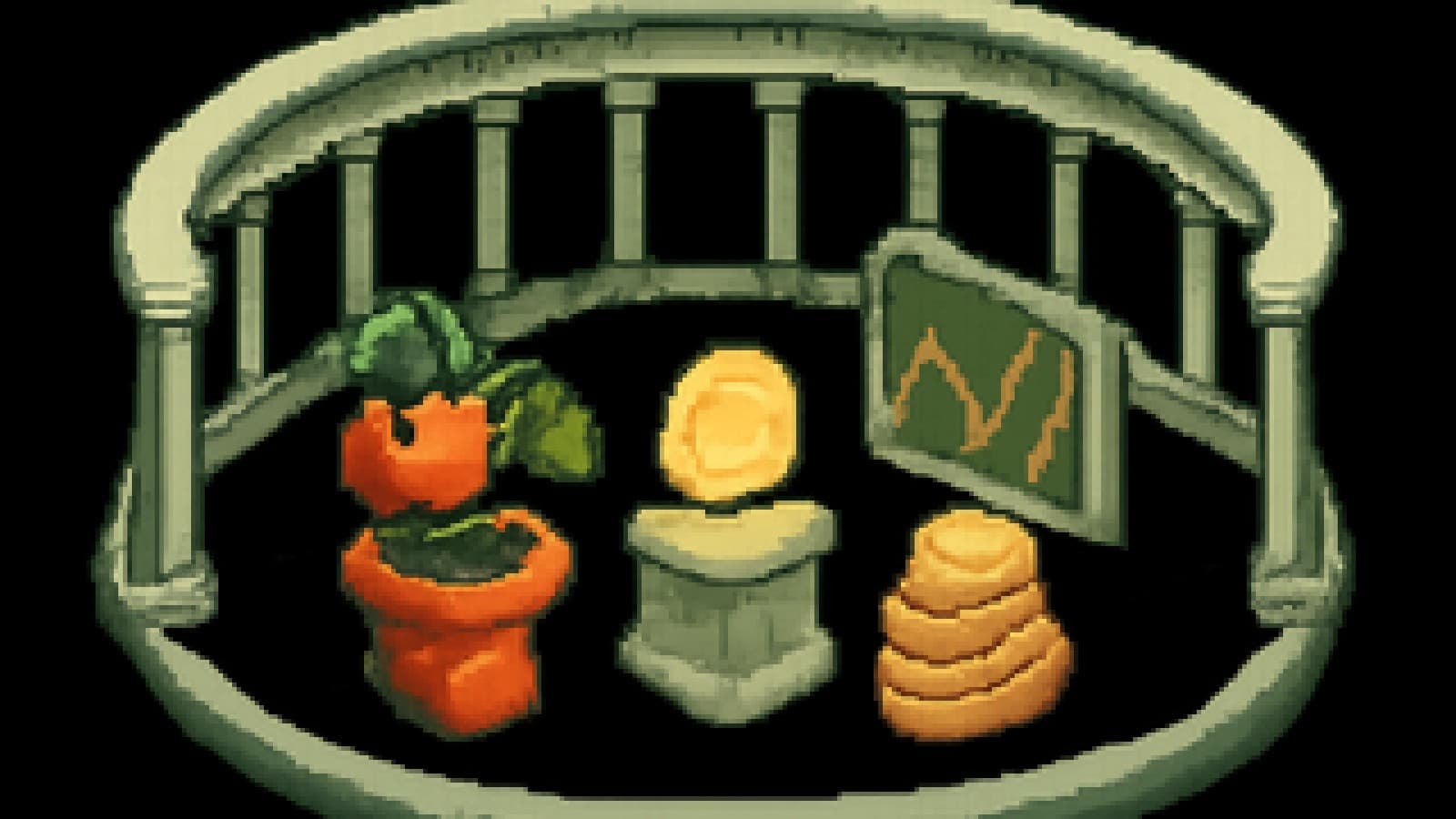 Pixel-art arena where a potted tomato plant faces a stack of coins and a stock chart screen, with a golden coin on a pedestal between them.