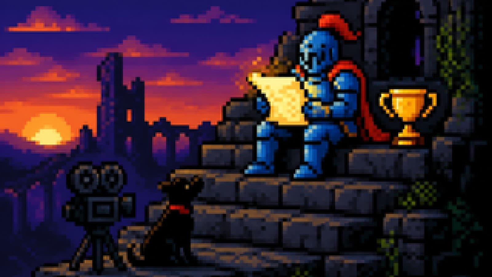 A knight in a ruined castle holding a trophy beside a movie camera and a dog silhouette on a lower step