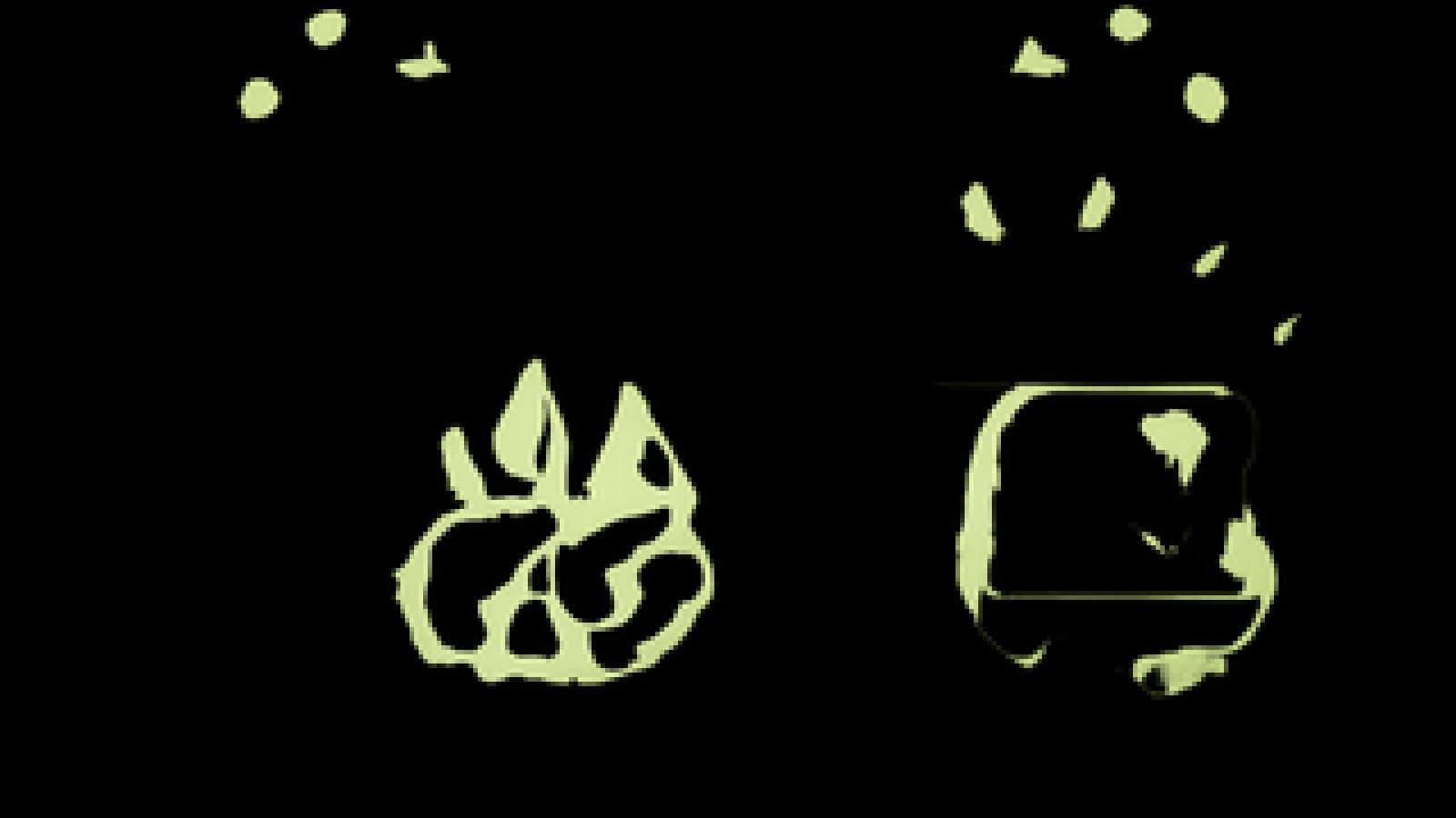 Pixel-art cooking showdown between a station of sizzling blasters and a station serving a glowing adventure map