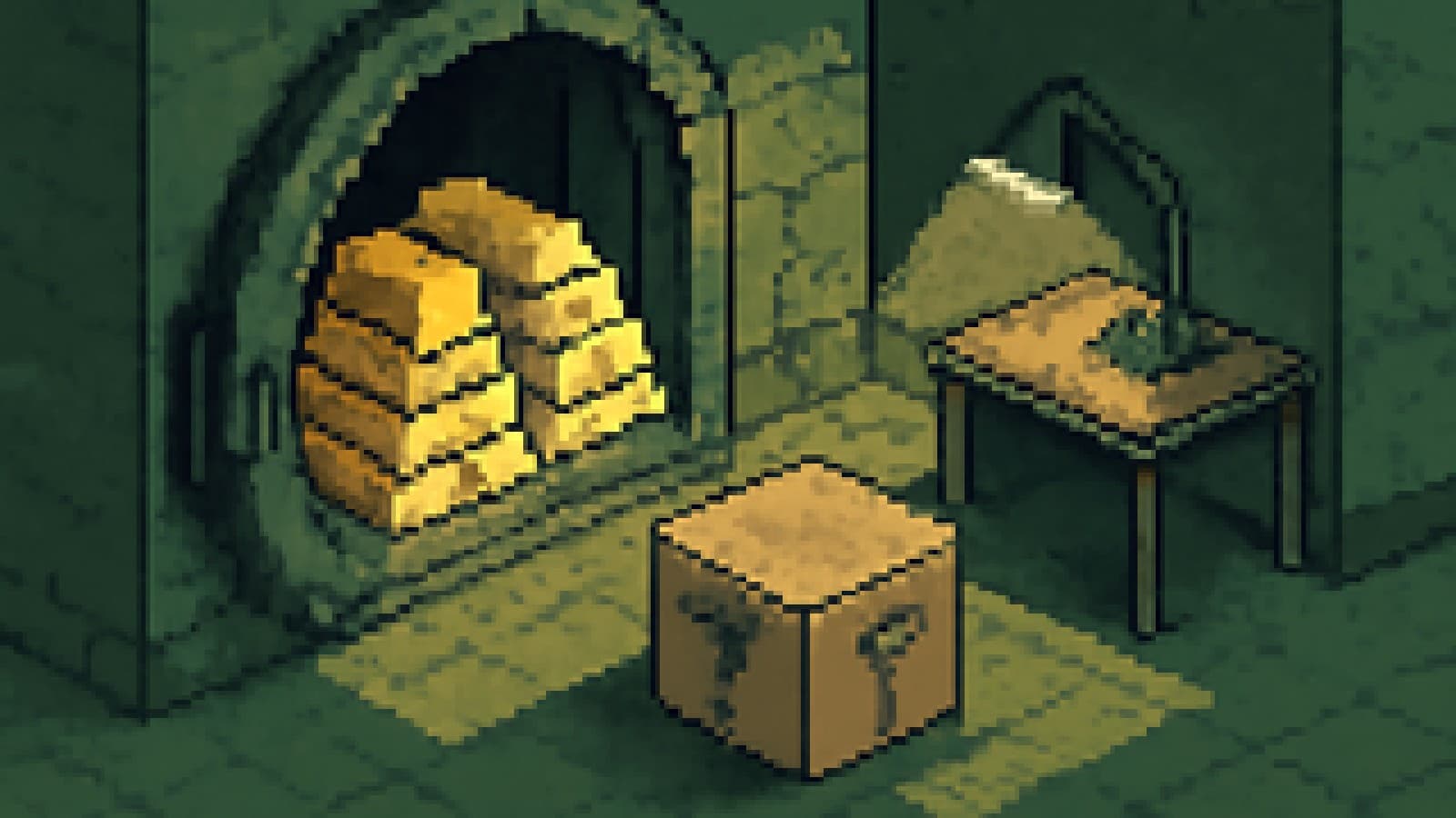 Pixel-art gold bars in a vault beside an empty moving box at the open door