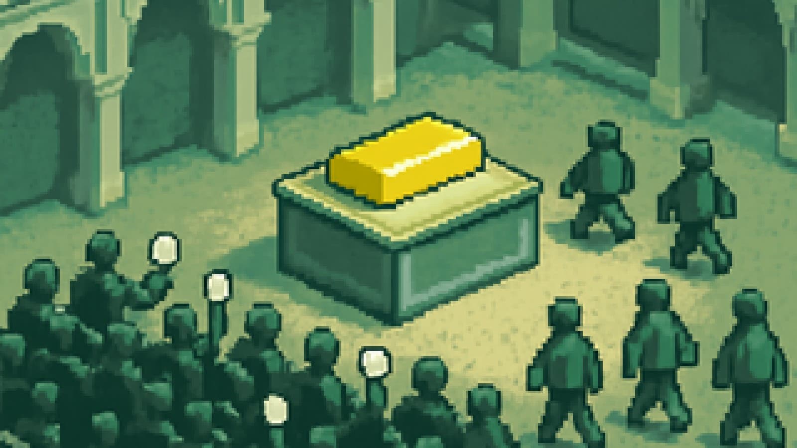 Pixel-art gold bar on an auction block as a crowd of small figures turns away