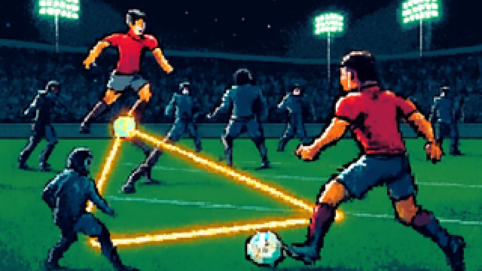 Pixel-art scene of three midfielders passing in triangles around stunned opponents under stadium lights.