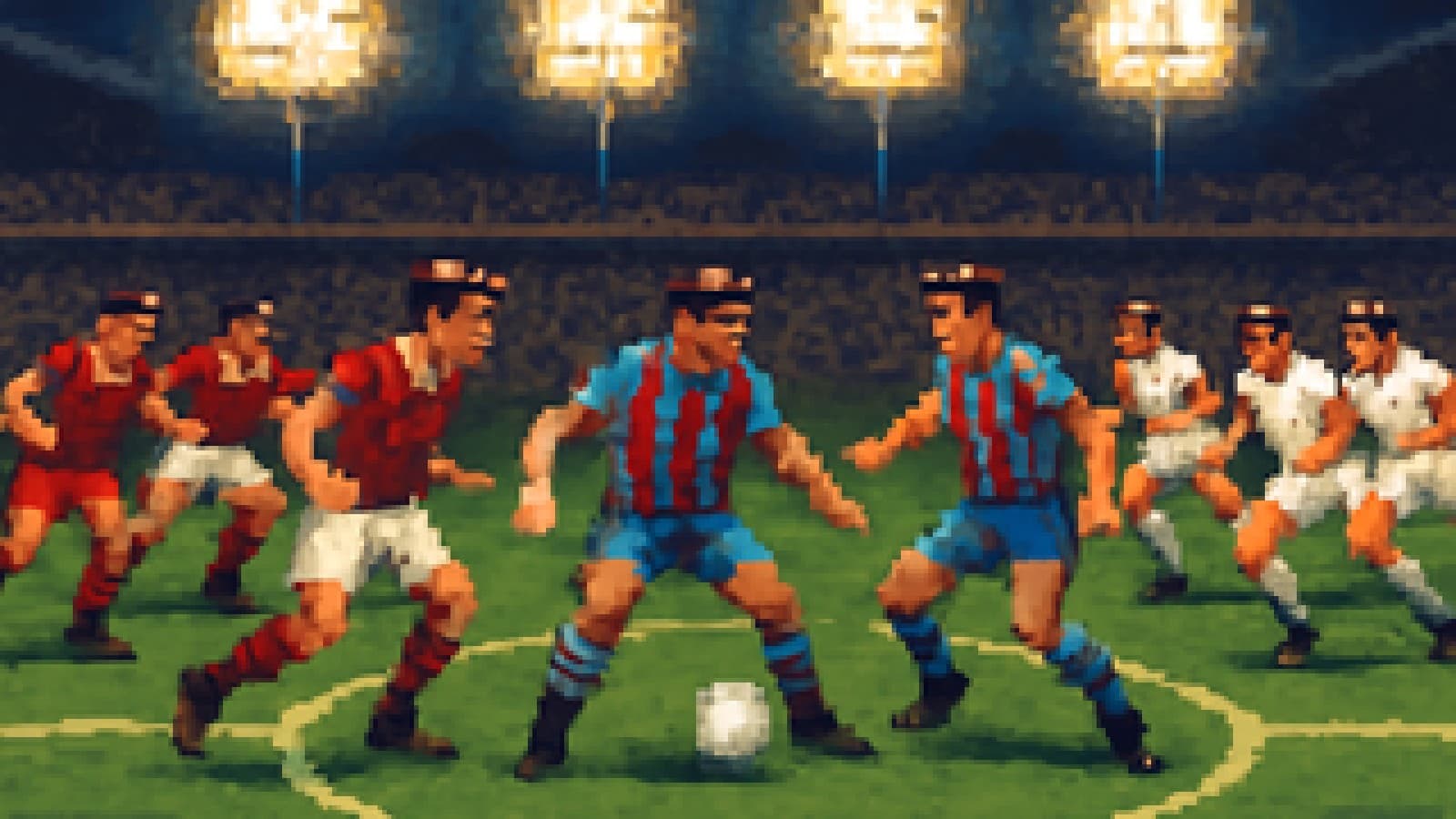 Pixel-art illustration of three rival midfield trios converging on the centre circle of a floodlit stadium.